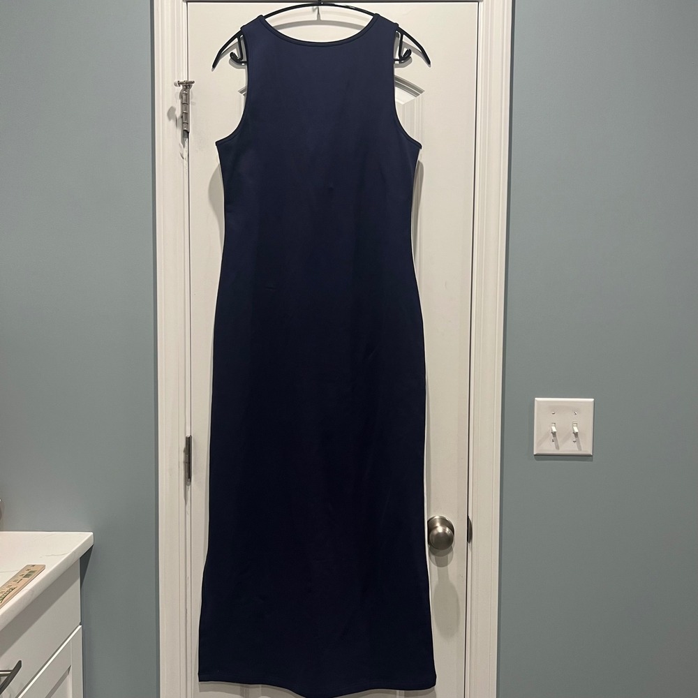 Boston Proper Maxi Dress Womens L Navy Blue Gold Stripe Tank Slit 2BB543 - Picture 2 of 7